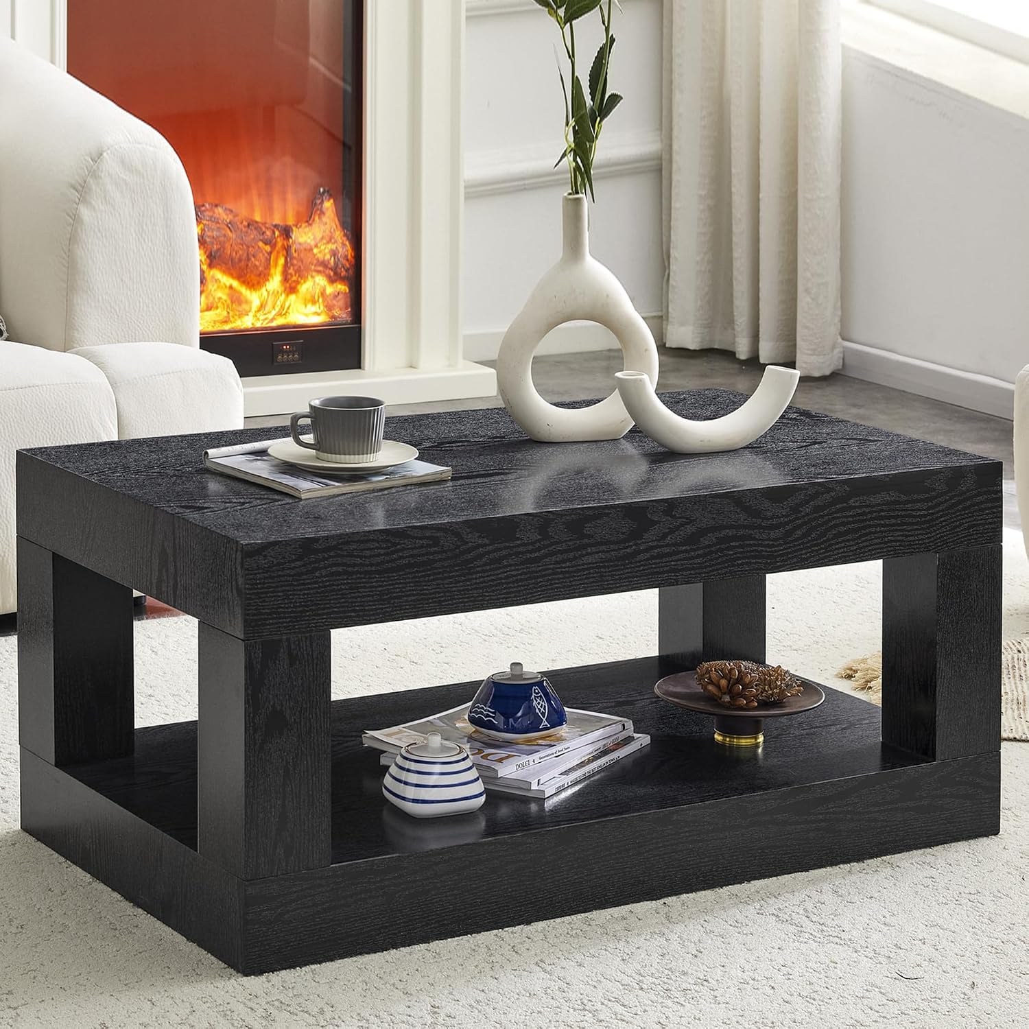 39.4' Black Coffee Table with Storage, 2-Tier Wood Coffee Table with 4' Thick Tabletop, Mid Century Modern Cocktail Center Tea Tables with Bottom Shelf for Living Room, Office, Apartment