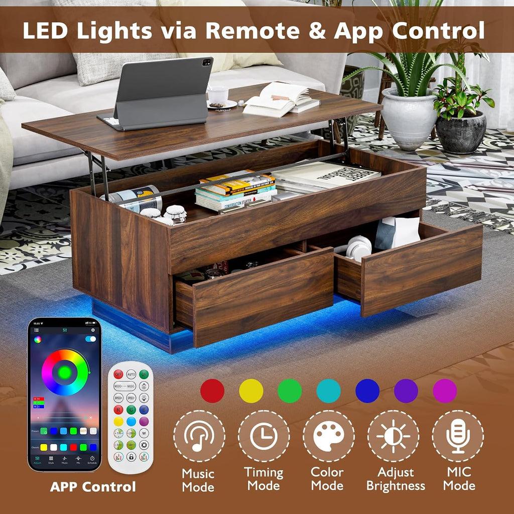 HOMMPA 40'' Lift Top Coffee Table for Living Room, Walnut Coffee Tables with Storage, LED Modern Coffee Table Rectangular Wooden Gloss, Flip Top Center Table with 2 Drawers and Hidden Compartment