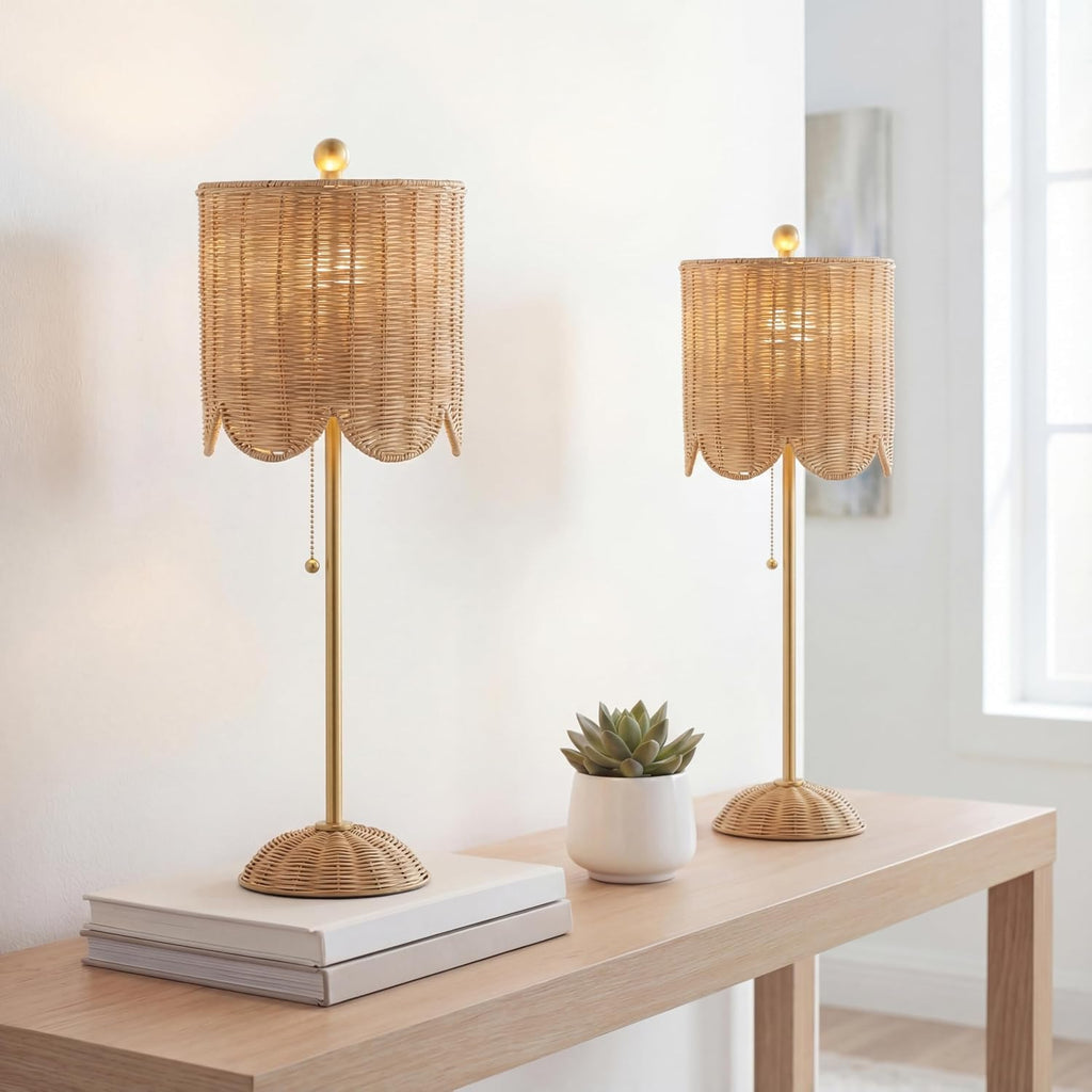 JONATHAN Y 27.5' Brass Gold Coastal Buffet Table Lamp Set of 2 for Bedroom, Boho Table Lamps with Natural Rattan Scalloped Shade, Pull Chain, LED Bulbs Included JYL1138A-SET2