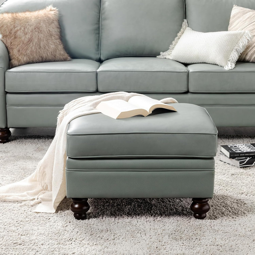 HULALA HOME Genuine Leather Ottoman Coffee Table, Ottoman Foot Rest for Living Room & Lounge, Sage