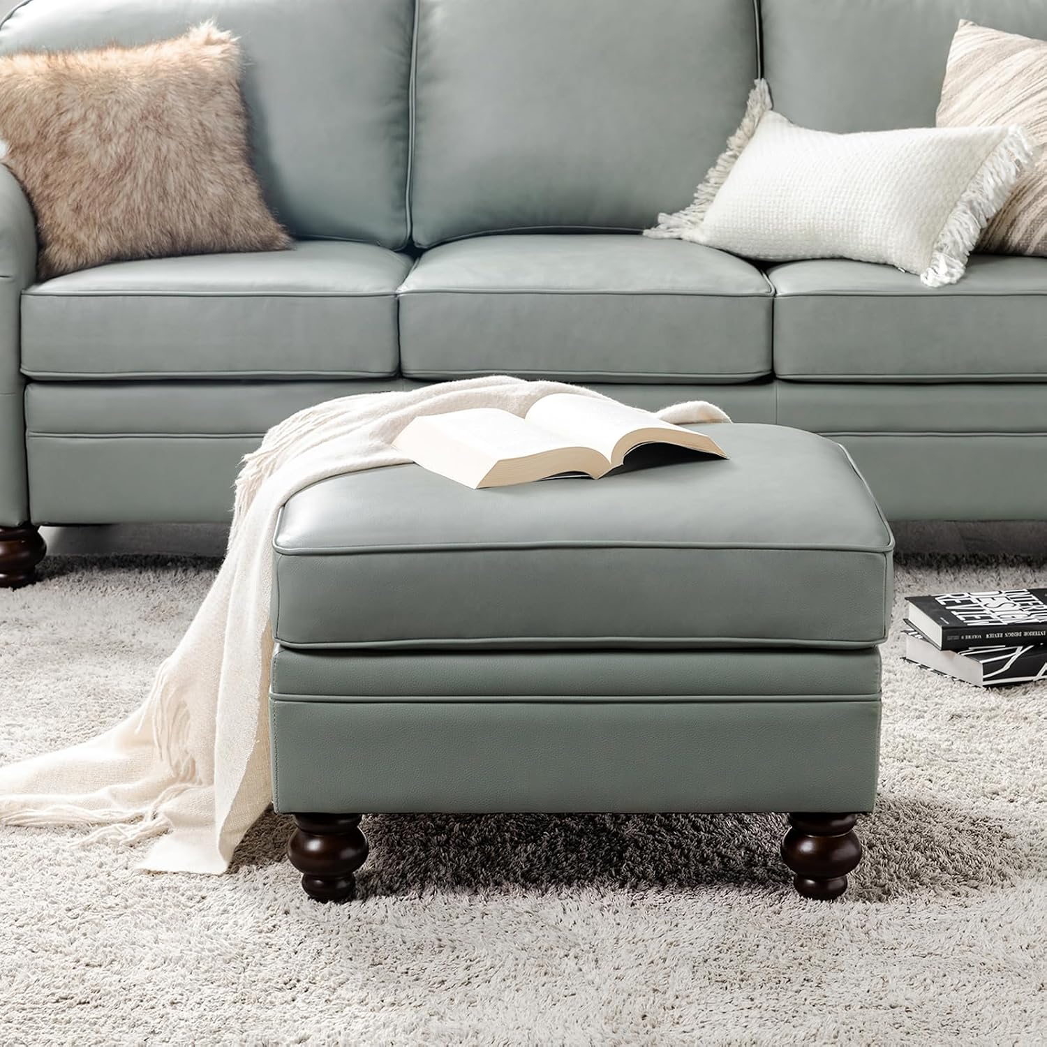 HULALA HOME Genuine Leather Ottoman Coffee Table, Ottoman Foot Rest for Living Room & Lounge, Sage