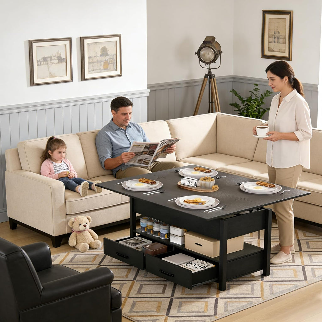 SYESWAY 42'' Lift Top Coffee Table, 4-in-1 Multifunctional Lift Coffee Table with Storage & Hidden Compartments, Farmhouse Coffe Table with Lifting top for Living Room, Dining Reception Room, Black
