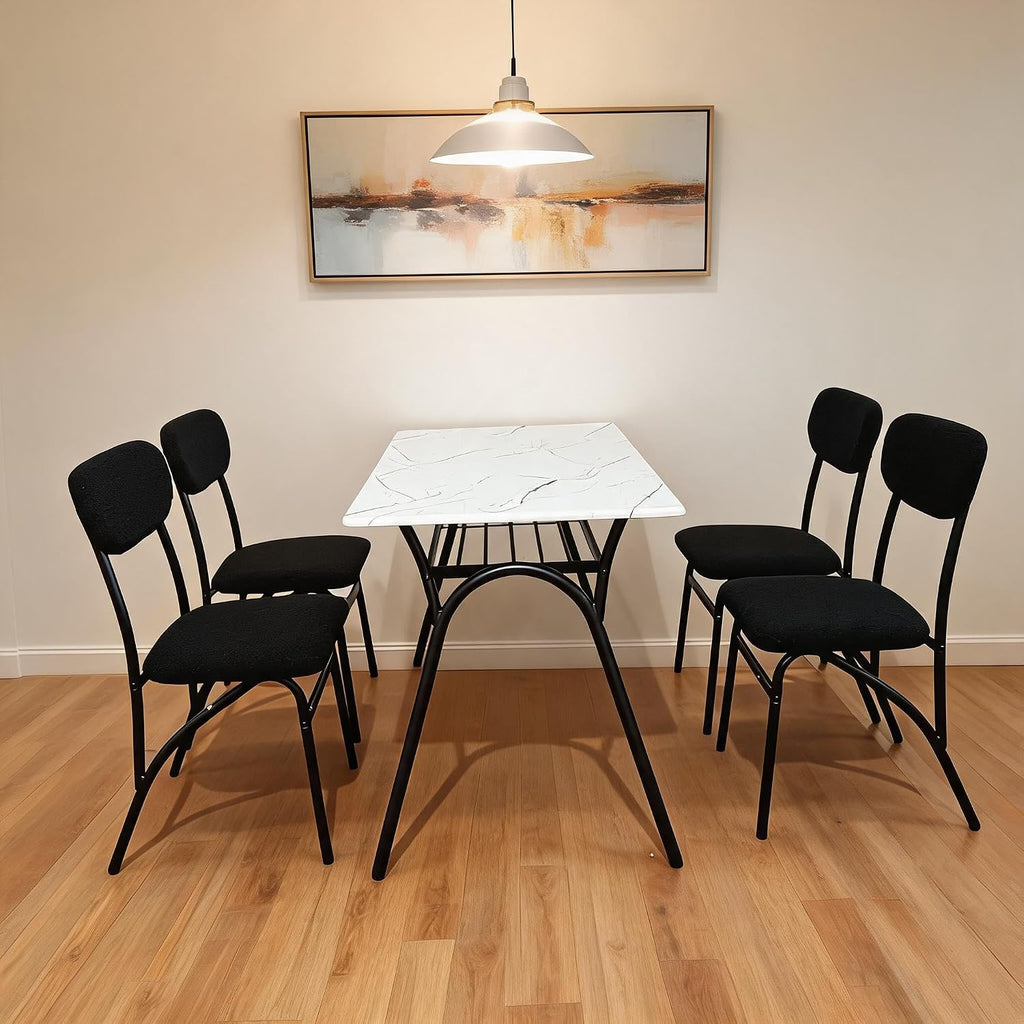 5-Piece Dining Table Set for 4, Modern Kitchen Table with 4 Boucle Chairs, Rectangular Dining Table with Storage Shelf & Marble Tabletop, Beige Home Dining Furniture for Small Space, Black+Beige