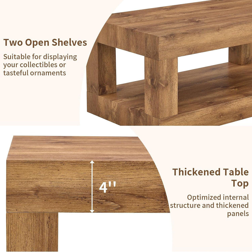 LKTART 39.37' Coffee Table with Storage, 2-Tier Mid Century Rectangular Accent Table with Thick Tabletop, Rustic Style Cocktail, Center Table for Living Room, Office, Apartment (Natural Wood)