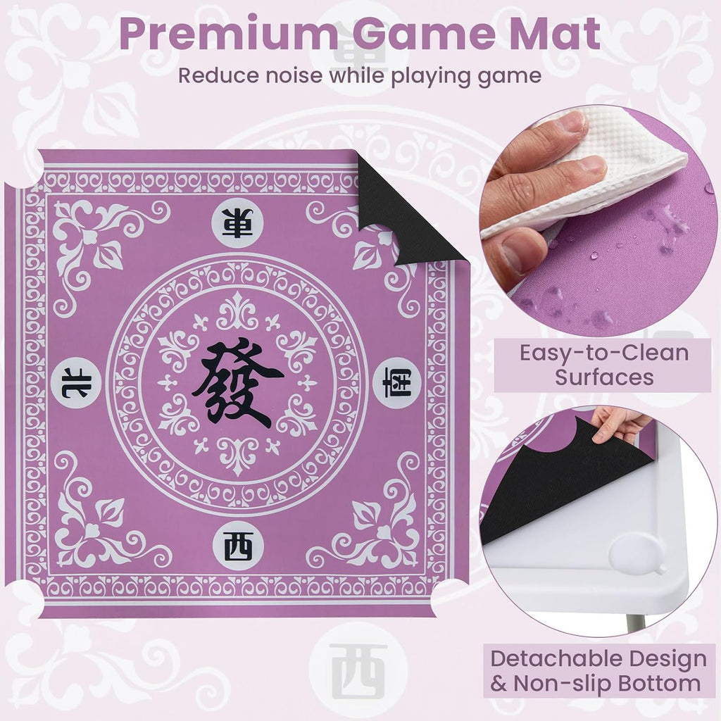 Goplus Mahjong Table, 35' Square Folding Card Table w/4Cup Holders, Anti Slip Mat, HDPE Tabletop, Metal Legs, Portable Mahjong Game Table for Domino Game, Picnic (Pink, Table w/Removable Mat)