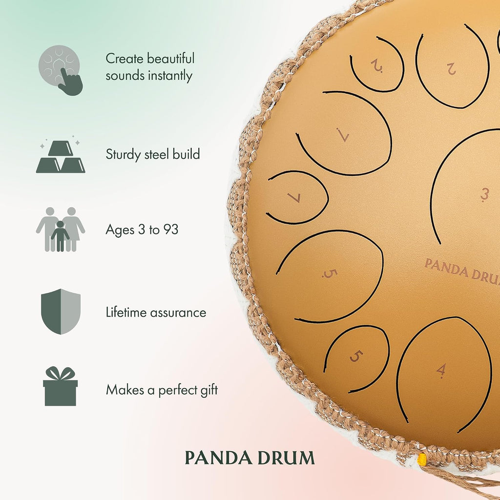 Panda Drum Pro (Sandstone) | Steel Tongue Handpan with Music Book, Mallets, Carrying Bag & Finger Picks | 15 inch, 432 Hz | Rain Drum for Inside, Outside | Calming Musical Instrument for Adults, Kids