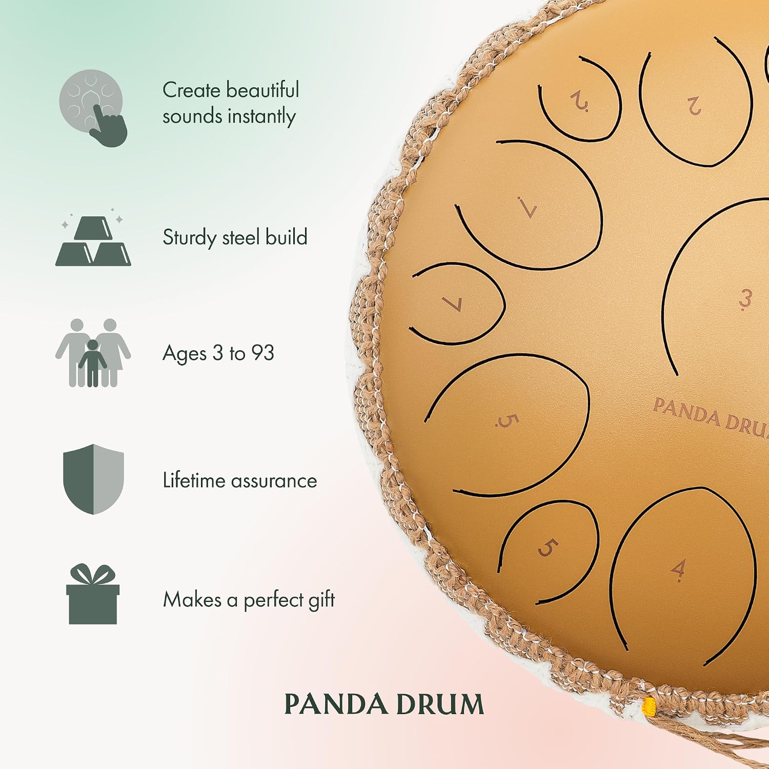 Panda Drum Pro (Sandstone) | Steel Tongue Handpan with Music Book, Mallets, Carrying Bag & Finger Picks | 15 inch, 432 Hz | Rain Drum for Inside, Outside | Calming Musical Instrument for Adults, Kids