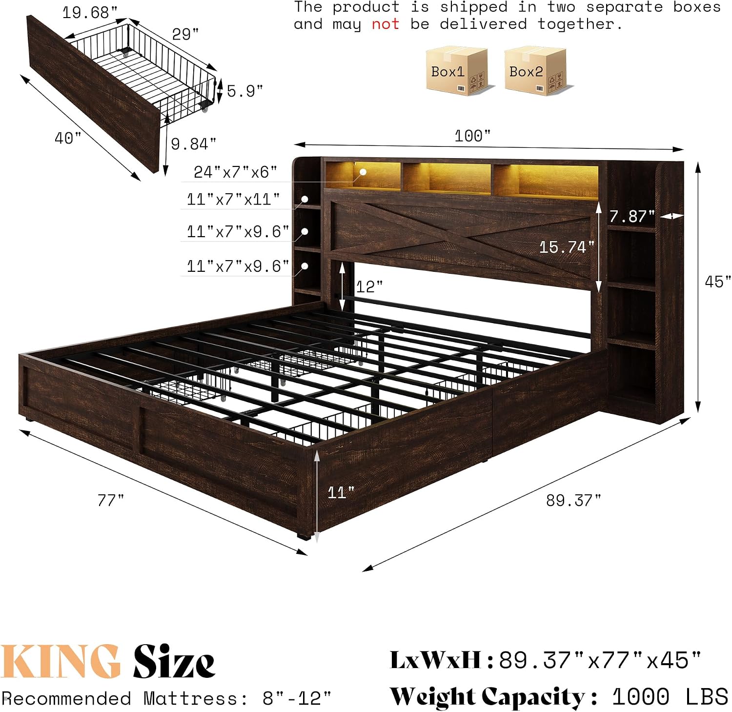 AMERLIFE 45'' Farmhouse King Bed Frame with 4 Drawers, LED Bed Frame with Bookcase Headboard & Side Shelves, Wood Platform Bed with Charging Station, Walnut