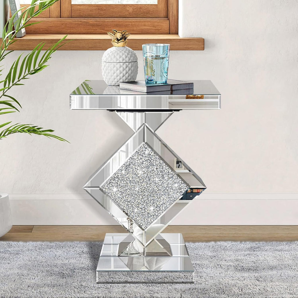 Crushed Diamond Mirrored End Table, Silver Side Accent Table, Small Mirrored Coffee Table for Living Room, Bedroom, 16'x16'x24'