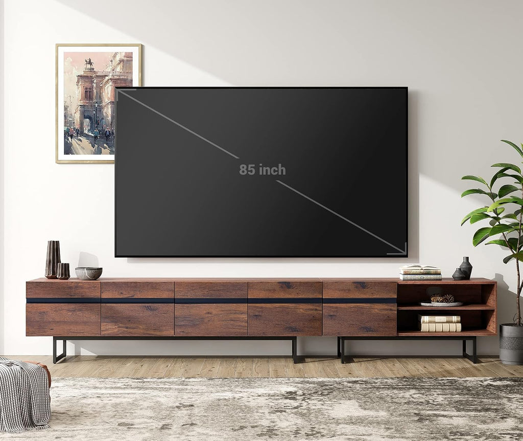 WAMPAT Modern TV Stand and Coffee Table Set of 2, Storage Entertainment Center for TVs Up to 100 inch, Square Center Table with Tempered Glass and Storage Drawers for Living Room, Brown
