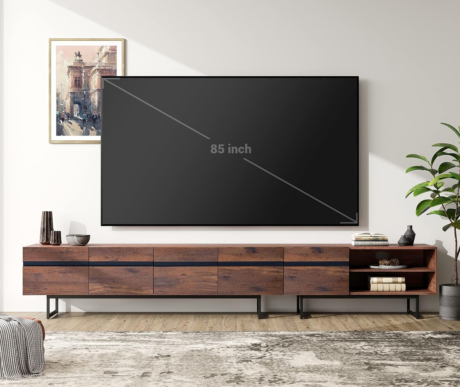 WAMPAT Modern TV Stand and Coffee Table Set of 2, Storage Entertainment Center for TVs Up to 100 inch, Square Center Table with Tempered Glass and Storage Drawers for Living Room, Brown