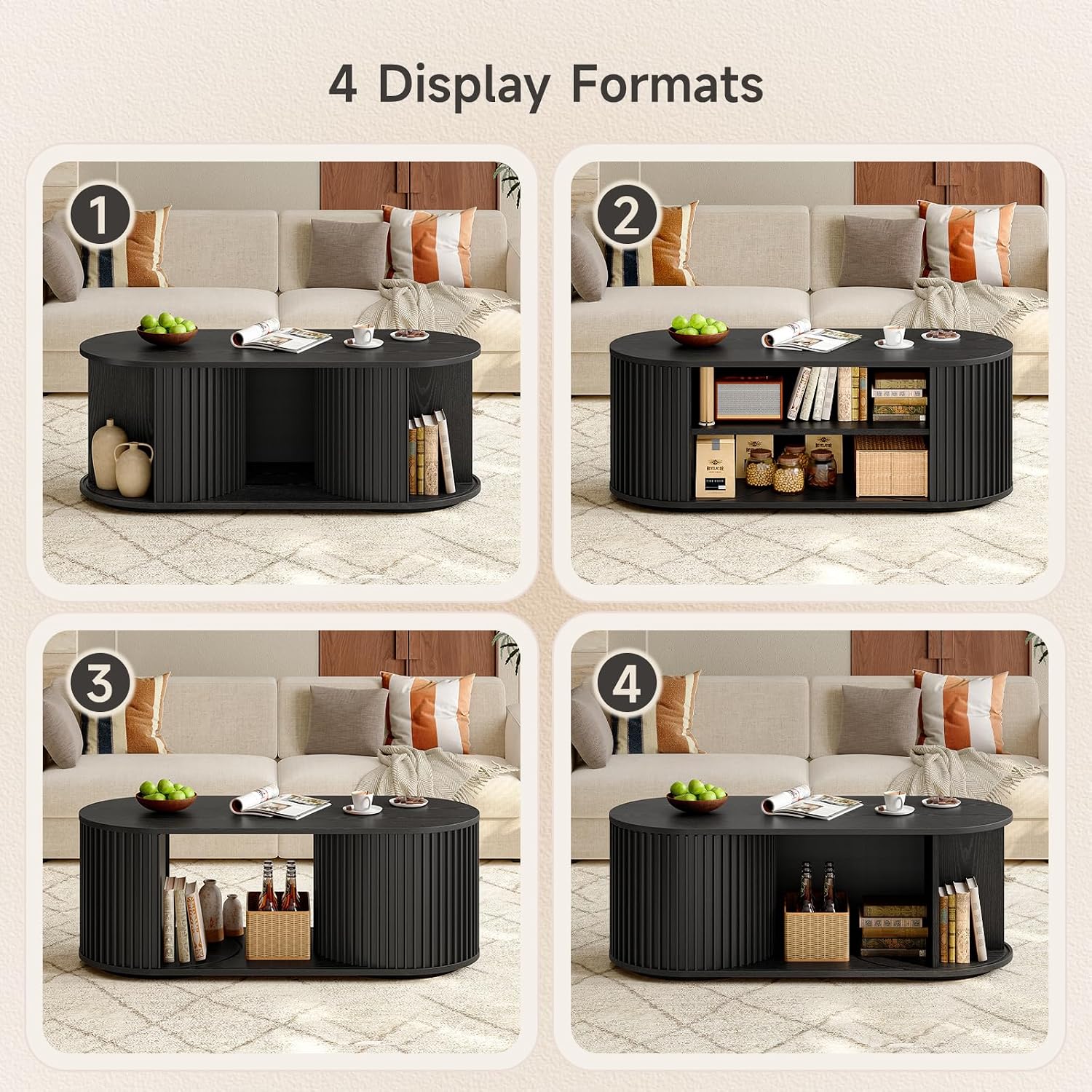 ONBRILL 47' Multi-Functional Coffee Table with Storage, Oval Coffee Table with Vertical Striped Sliding Door & Round Base, Mid-Century Modern Center Table with Adjustable Shelf for Living Room, Black