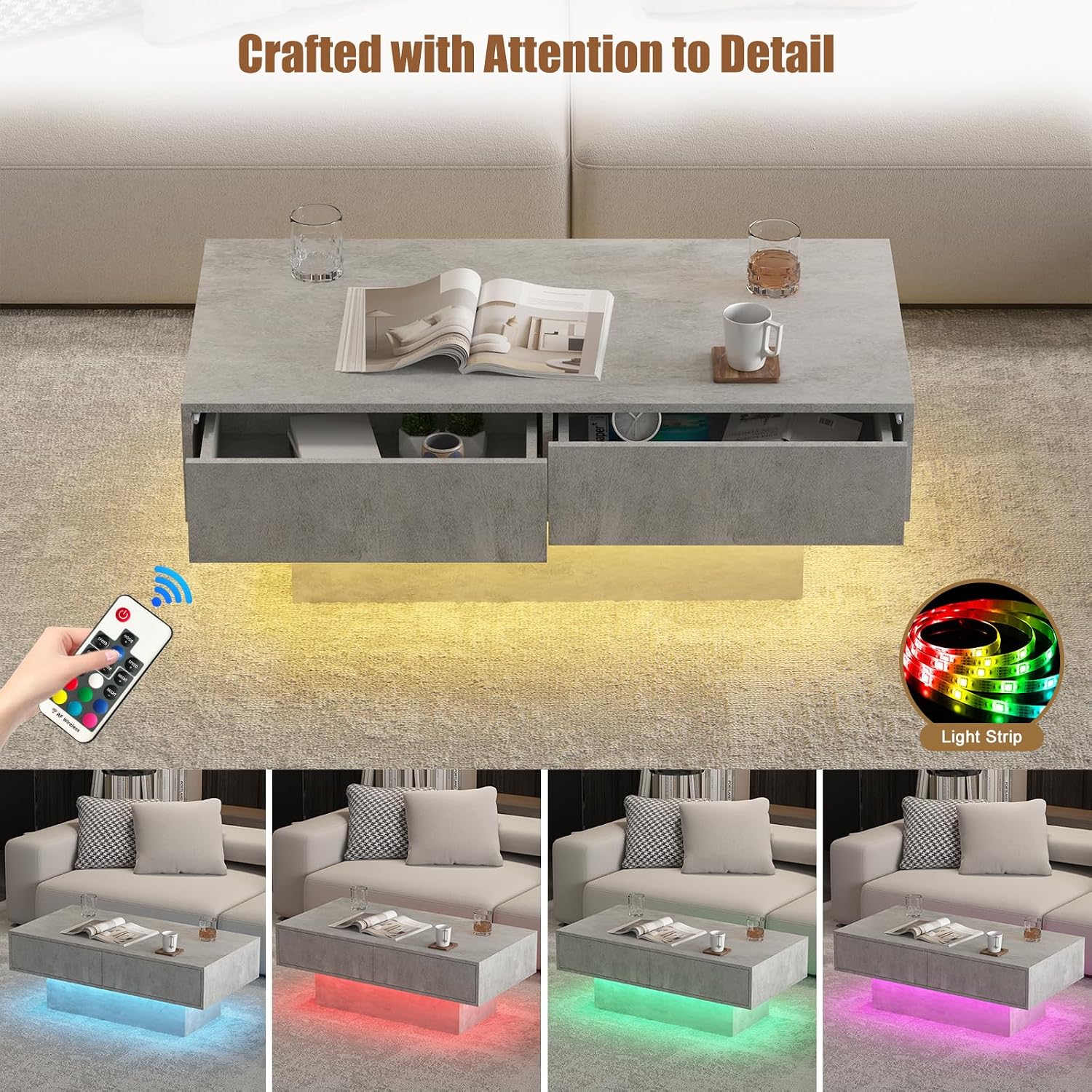 HedoAjim LED Coffee Table with 2 Storage Drawers for Living Room, Center Middle Table Modern Cocktail Table Tea Tables, Mid Century Rectangular Wood Coffee Table Home Office Waiting Room, Grey