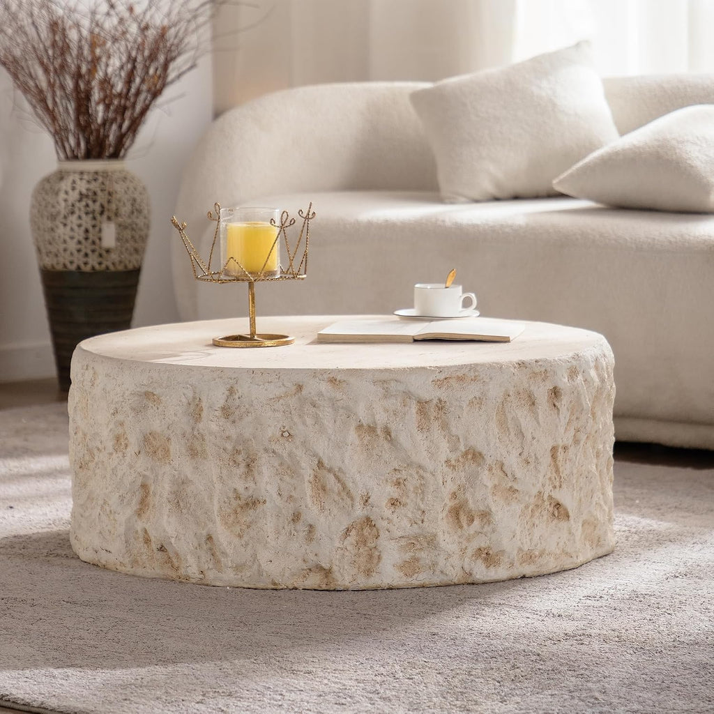 35.43' MgO Round Coffee Table for Living Room, Mid-Century Modern Vintage Faux Stone Circle Center Table for Office Apartment, Beige