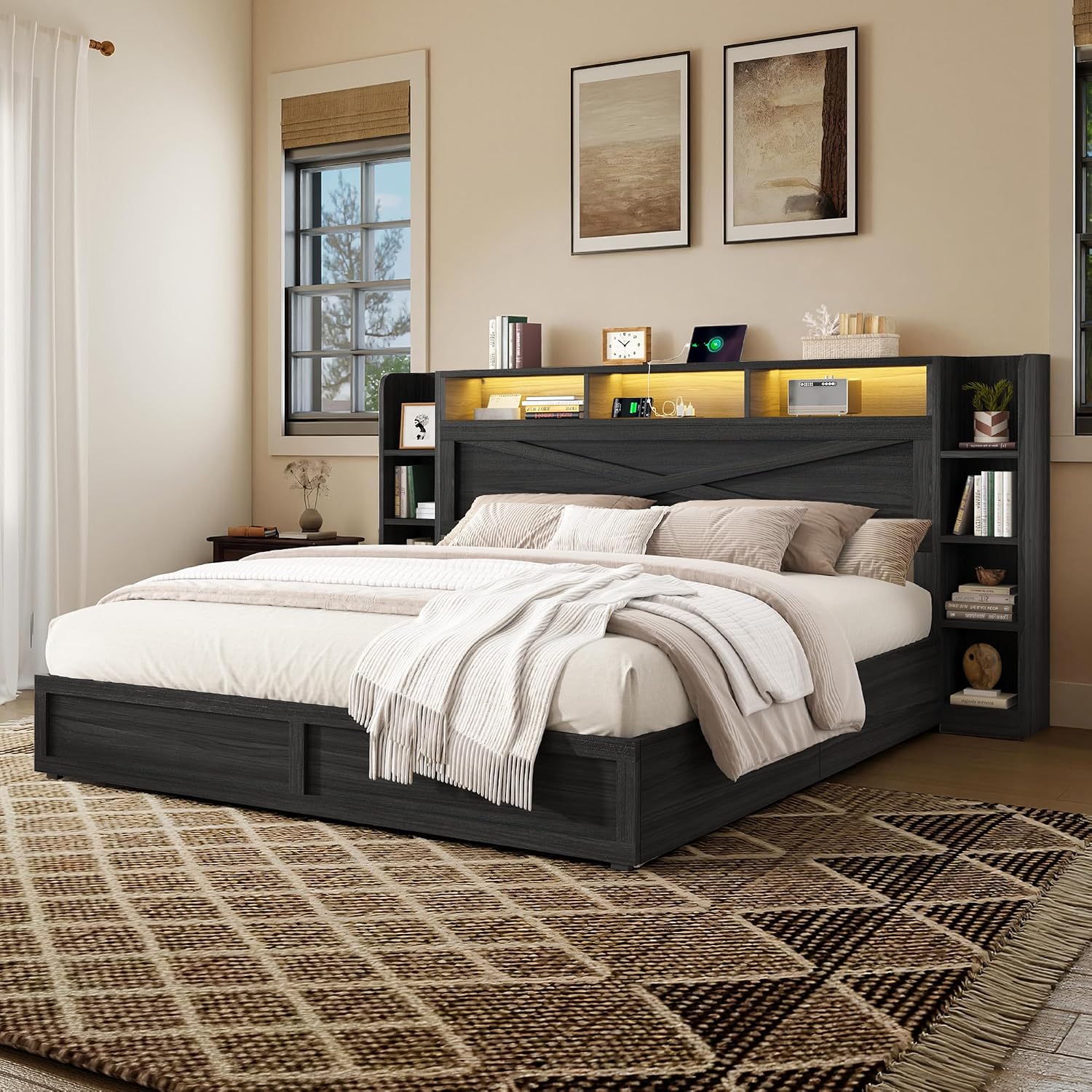 AMERLIFE 45'' Farmhouse Queen Bed Frame with 4 Drawers, LED Bed Frame with Bookcase Headboard & Side Shelves, Wood Platform Bed with Charging Station, Black