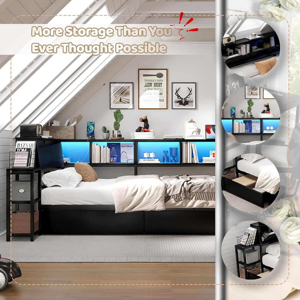 Full Corner Bed with Desk and 6 Bookcase, Full Corner Daybed with Storage Drawers, LED Light and Charging Station, Metal Full Size Corner Bed Frame for Living Room Bedroom Guest Room, Black