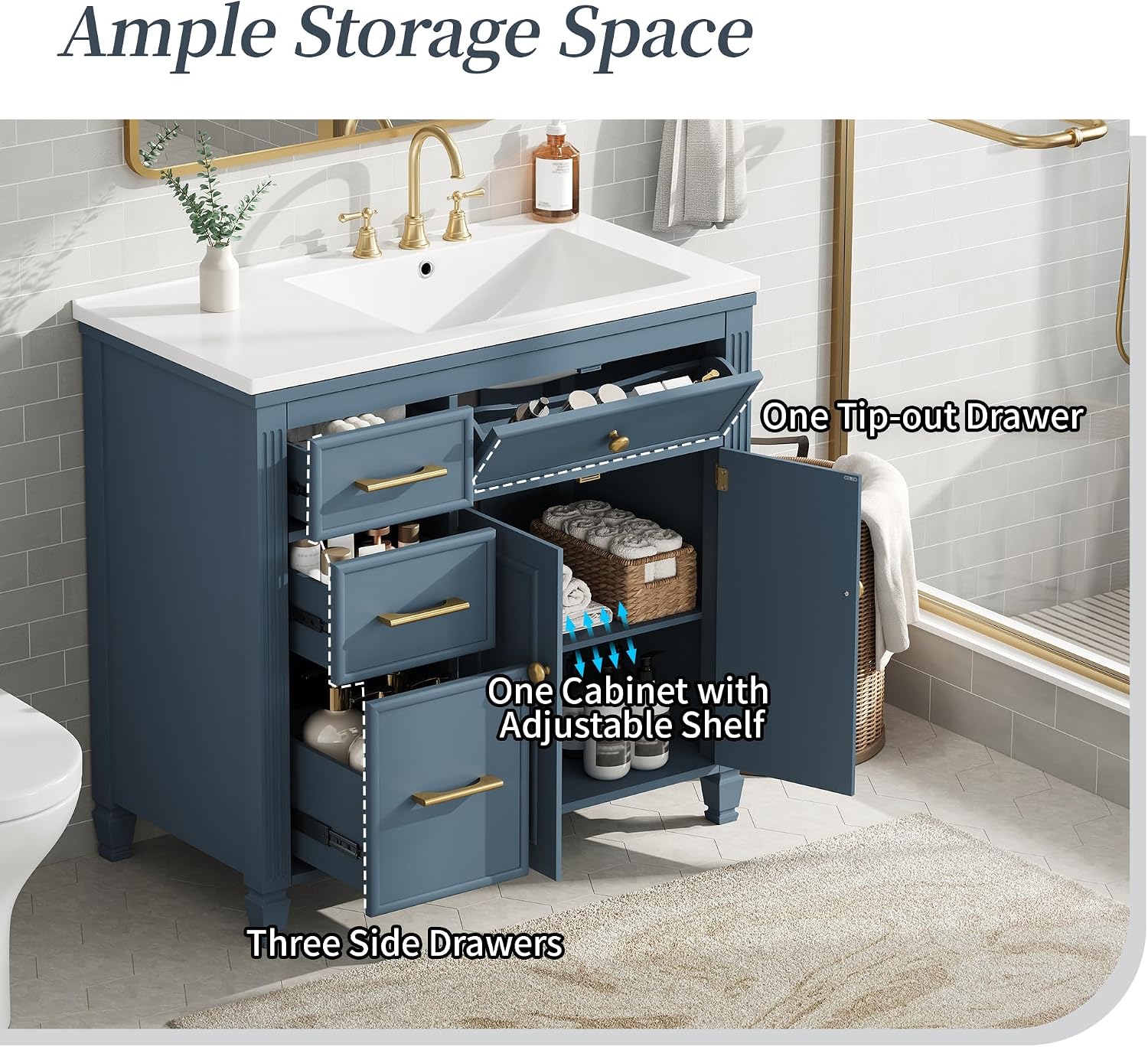 36' Bathroom Vanity with Ceramic Sink Set Combo, Tip-Out Drawer, Storage Cabinet Organizer with 2 Doors and Adjustable Shelf, Gray Blue