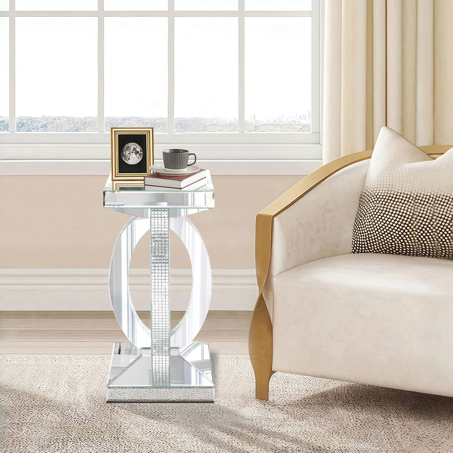 Silver Mirrored End Table with Crystal Inlay, Modern Side Accent Table, Small Mirrored Coffee Table for Living Room, Bedroom 12'x12'x24'