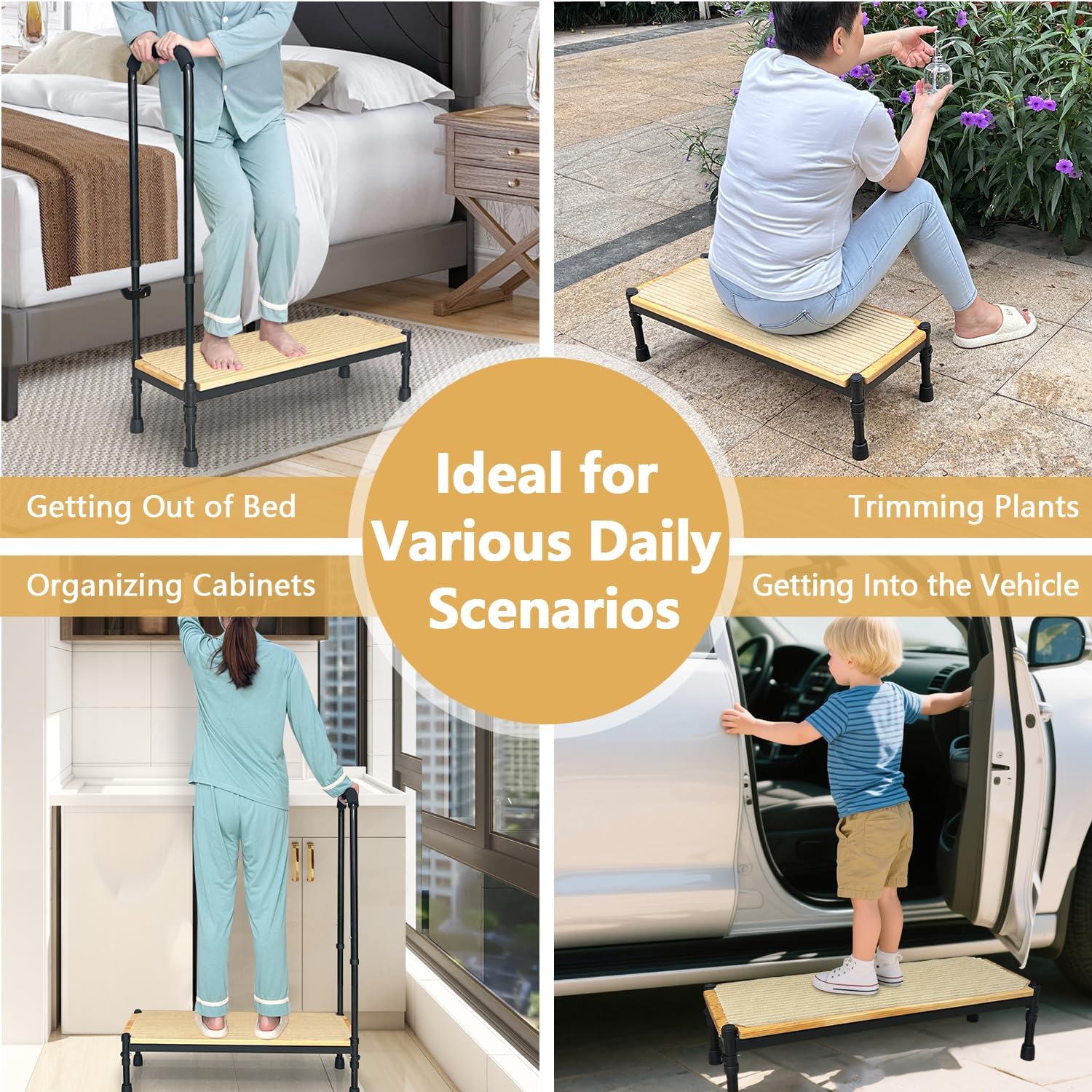 Bed Step Stool with Adjustable Handle for Elderly, Medical Step Stool for Bedside for Adults, 31.5' Long Safety Step Platform, Bed Stool for High Beds, Heavy Duty SUV Stepping Stool with Anti-Slip Mat
