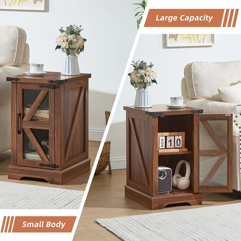 Joaxswe Farmhouse Coffee Table Sets 2 Pieces, Narrow Night Stand with Glass Barn Door Storage, Large Coffee Tables with Hidden Storage Organizer, Wood Furniture Sets for Living Room, Office, Brown