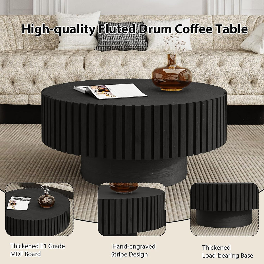 Round Fluted Coffee Table Mid Century Modern Coffee Tables with Handcrafted Relief Circle Drum End Table Rustic Industrial Center Tables for Apartment Living Room (Black Round)