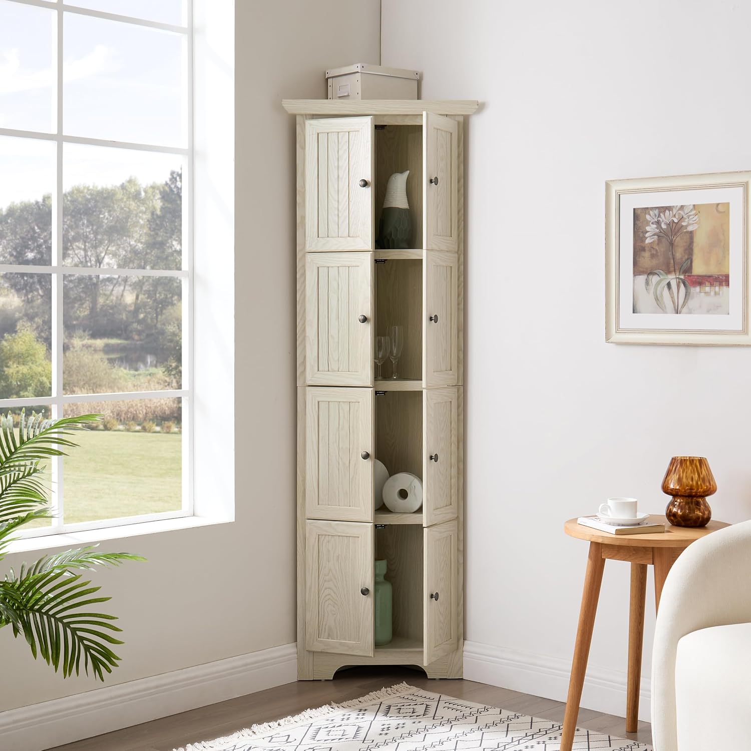 Tall Corner Bookcase Storage Cabinet with Doors and 4 Shelves, Freestanding Triangle Cabinet for Living Room, Kitchen, Office, Small Space, Floor Corner Storage Rack (White2)