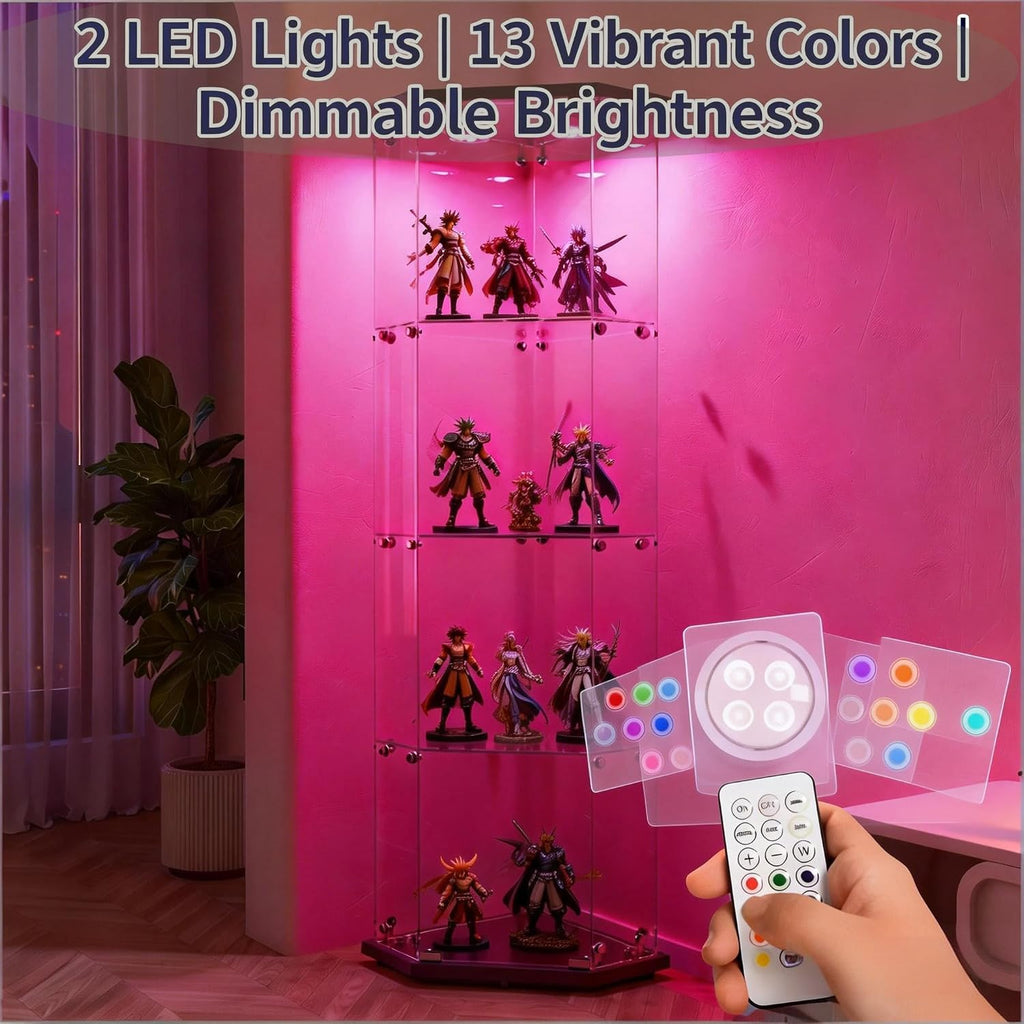 65' Corner Glass Display Cabinet with 13 Colors Lights, 4-Tier Corner Curio Cabinet Display Case with Lock for Collectibles, Home Decor Glass Shelf for Living Room, Bedroom, Office, Shop, Black