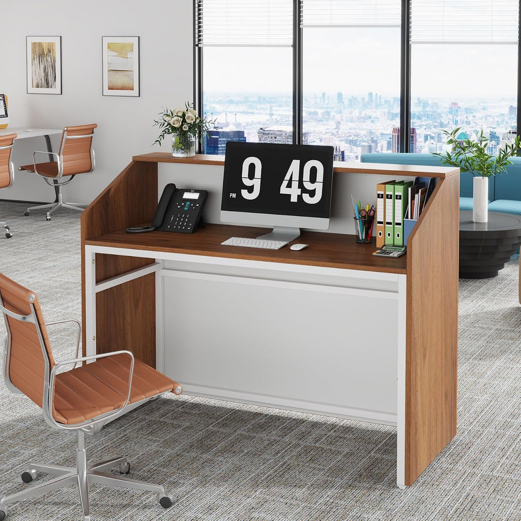 Tribesigns Reception Desk with Counter, Modern Front Desk Reception Room Table with Cable Grommet, 47 inch Retail Counter for Checkout, Lobby, Beauty Salon, Home Office Desk, Walnut