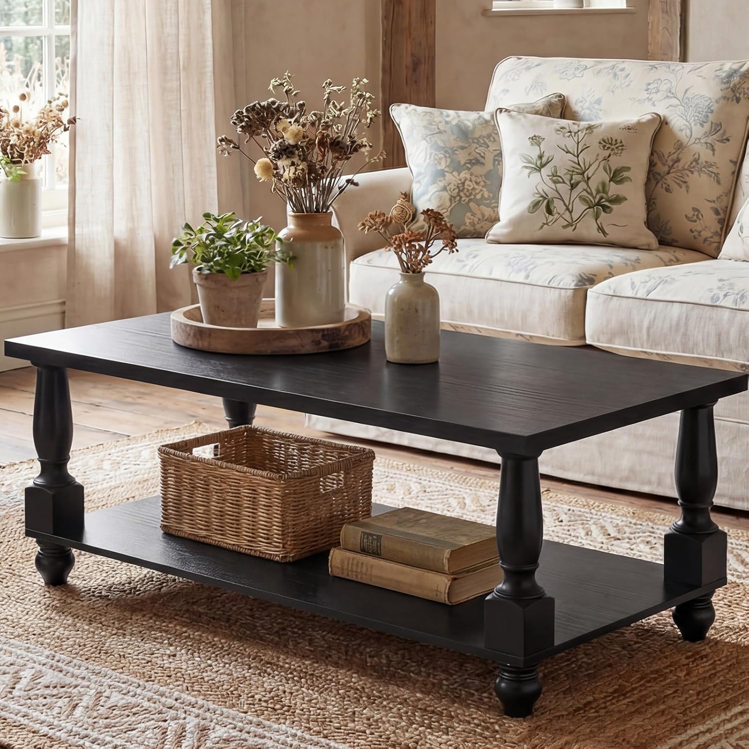 Homieasy Farmhouse Coffee Table with Storage, 47' Rectangular Living Room Center Table with Solid Wood Legs and Thickened Top, 2-Tier Wood Coffee Table with Turned Legs, Easy Assembly, Black
