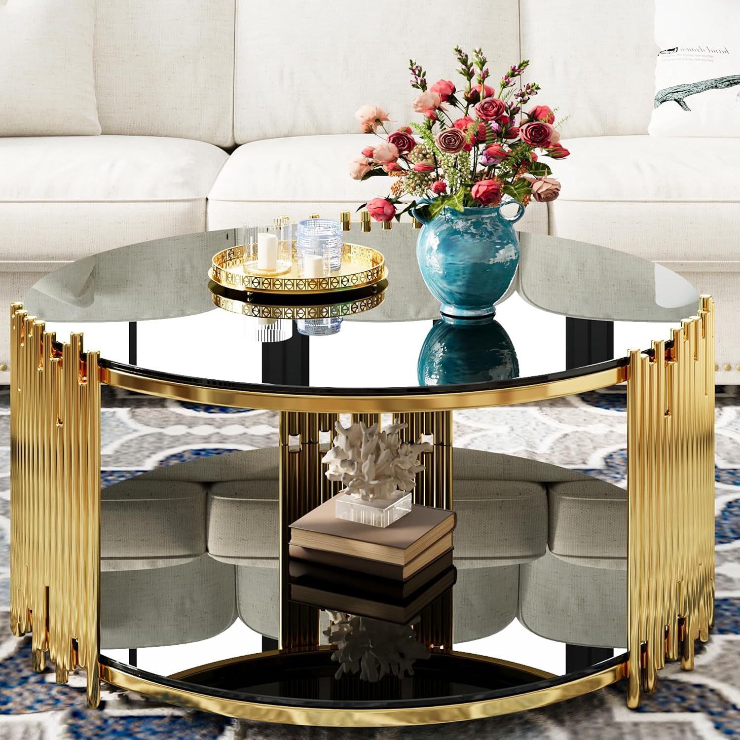 Modern Round Coffee Table, Luxury Black Gold Glass Coffee Table, 36' Center Table Living Room Table, Gold Stainless Steel Irregular Leg, Double-Layer Structure, Black Glass Desktop