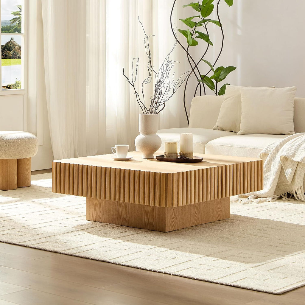 35.43''Square Coffee Table for Living Room Wood Fluted Coffee Table Modern Center Tables with Solid Wooden Pedestal for Apartment (Natural Wood)