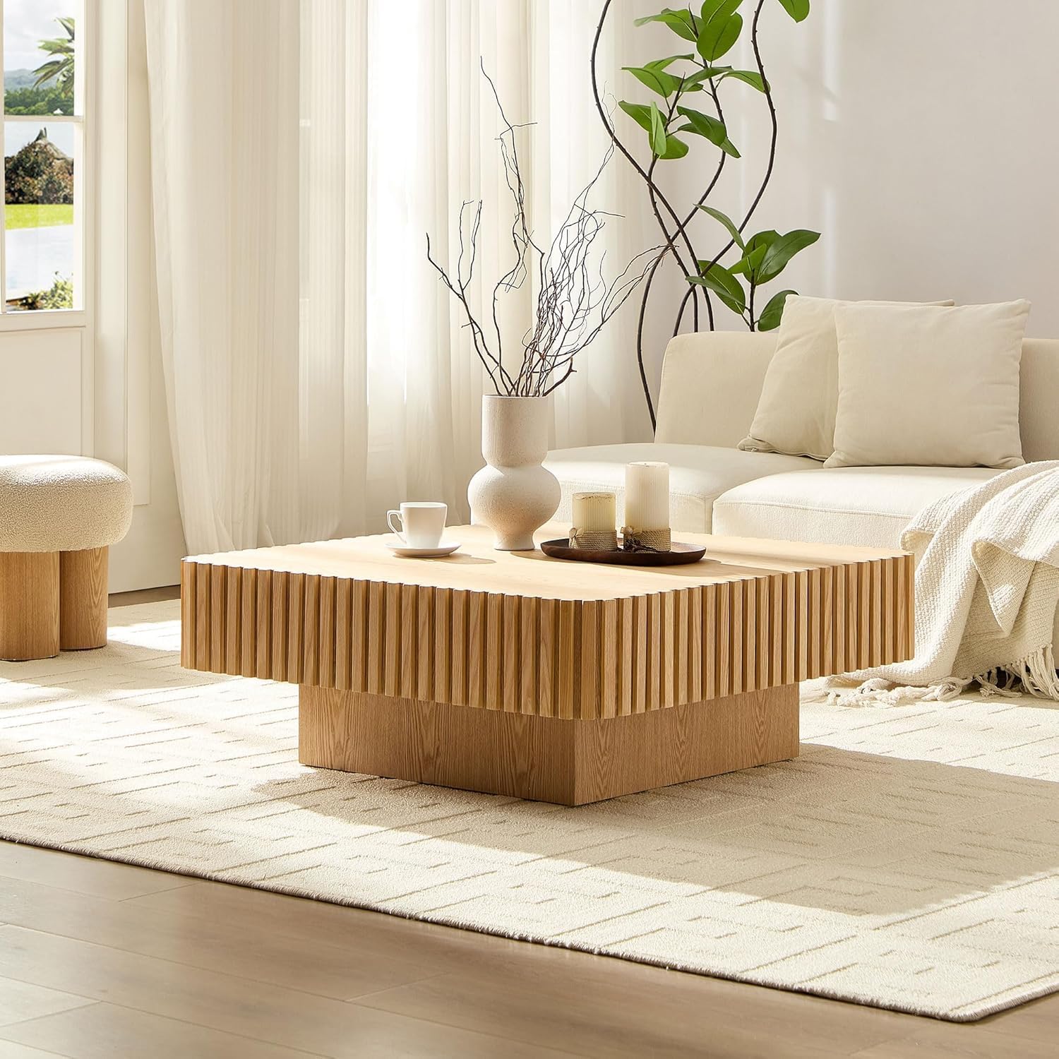35.43''Square Coffee Table for Living Room Wood Fluted Coffee Table Modern Center Tables with Solid Wooden Pedestal for Apartment (Natural Wood)