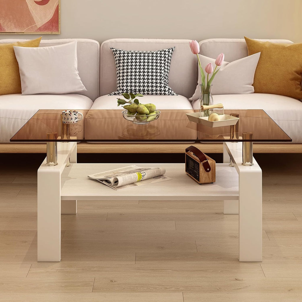 Glass Coffee Table Rectangle Living Room Center Table, with Brown Tempered Glass Tabletop and White MDF Layer,for Living Room and Office, Brown Glass+White