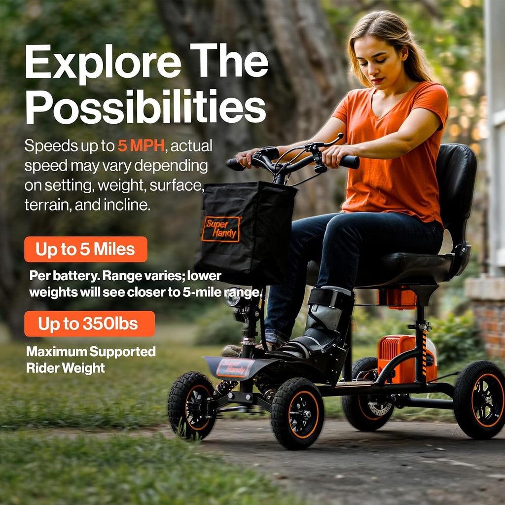 SuperHandy Explorer Mobility Scooter – 4-Wheel, 500W Brushless Motor, 48V Battery, 350 lbs Capacity, 5 mph, Lightweight Aluminum Frame, Patent Pending