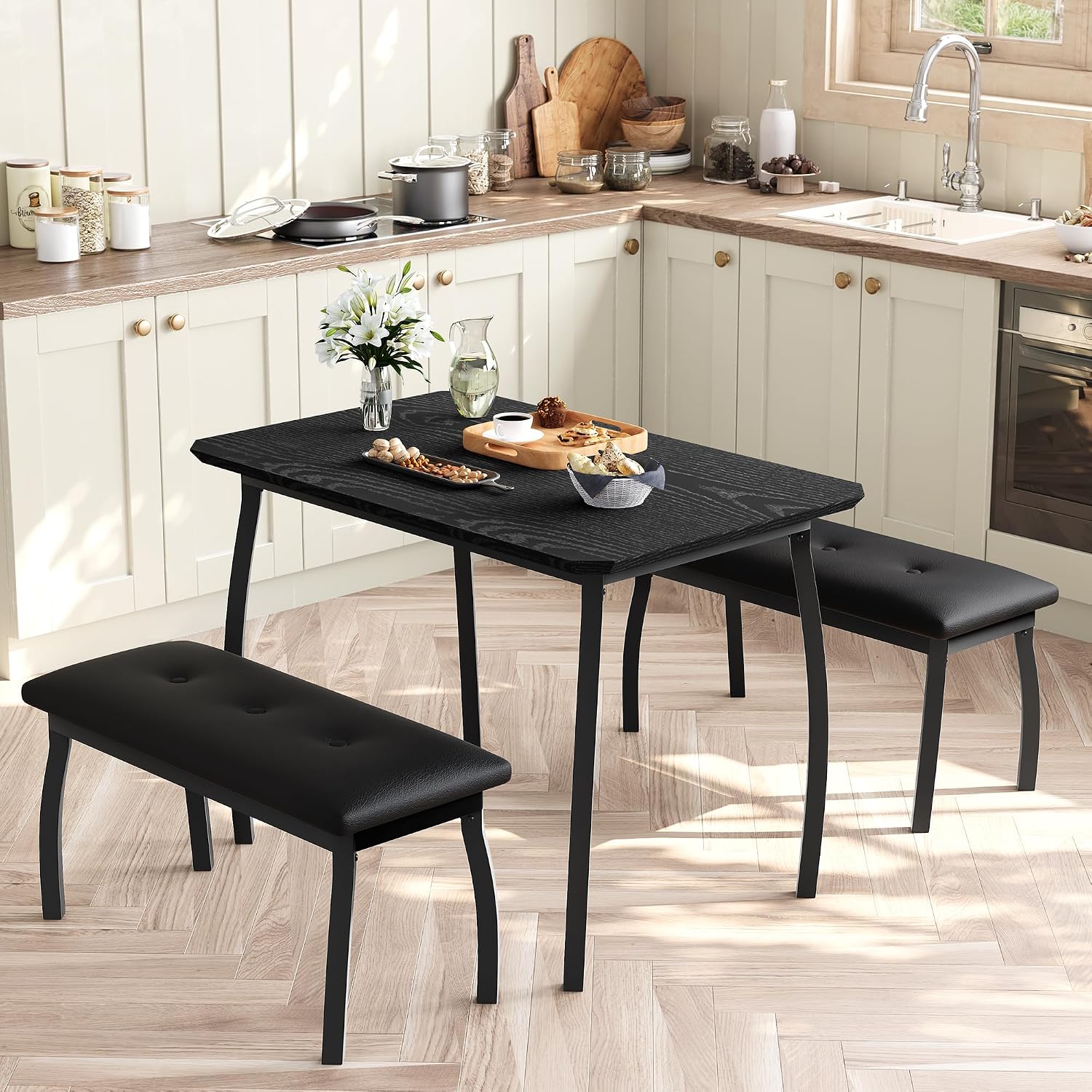 Dining Table for 4, 3-Piece Kitchen Table Set for 4 with Wooden Tabletop and Metal Frame, Industrial Kitchen Table with 2 PU Leather Benches for Bar, Dining Room, Restaurant(43''x28''x30''), Black
