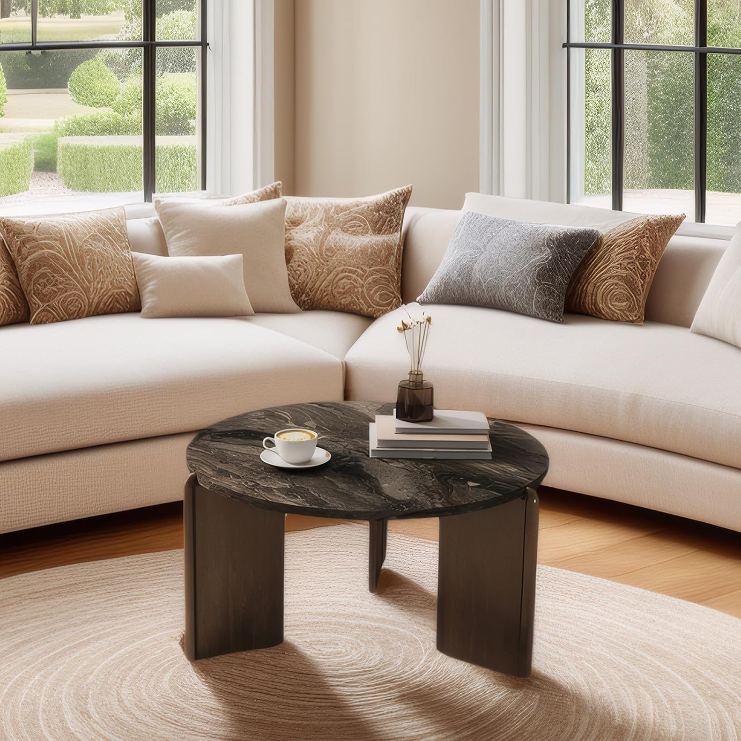 Travertine Texture Coffee Table 31.5 inch Modern Faux Marble Coffee Table Low Circle Center Table for Living Room Round Accent Table with Three-Legs for Apartment, Dark Grey