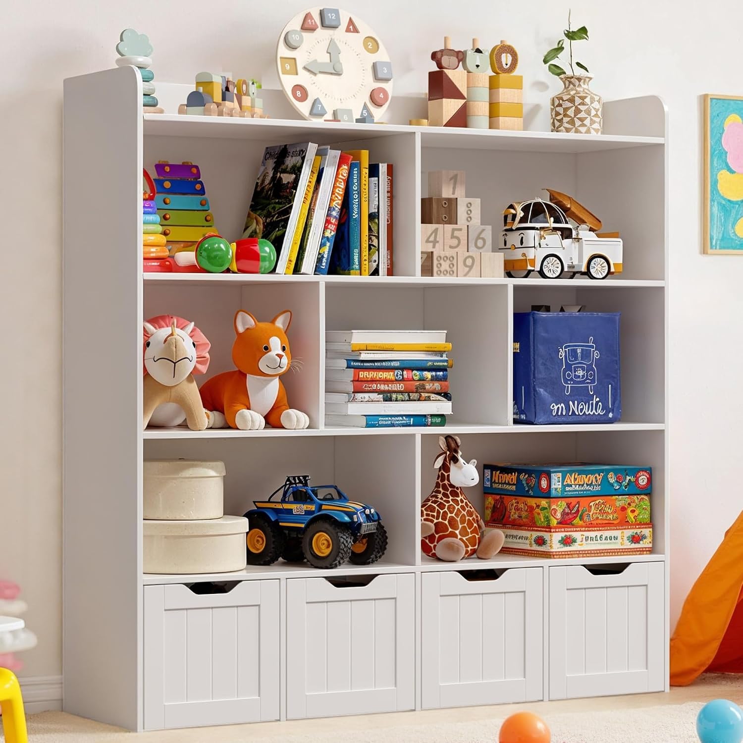 Gizoon Toy Storage Cabinet and Kids Bookcase with 4 Movable Drawers and 8 Open Shelves Toy Chest Shelf Organizer with Hidden Wheels for Playroom Nursery Kids Room, White, Painted