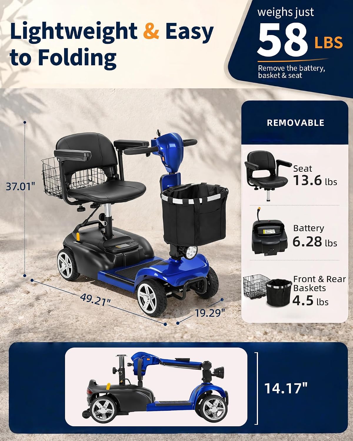 Ecomobi 20-45 Miles Mobility Scooter for Seniors & Adults, 4 Wheel Motorized Mobility Scooter for Travel, Removable Lithium Battery, 350W Motor, Dual Baskets, 300 lb Capacity, GPS Tracker,Blue,18ah