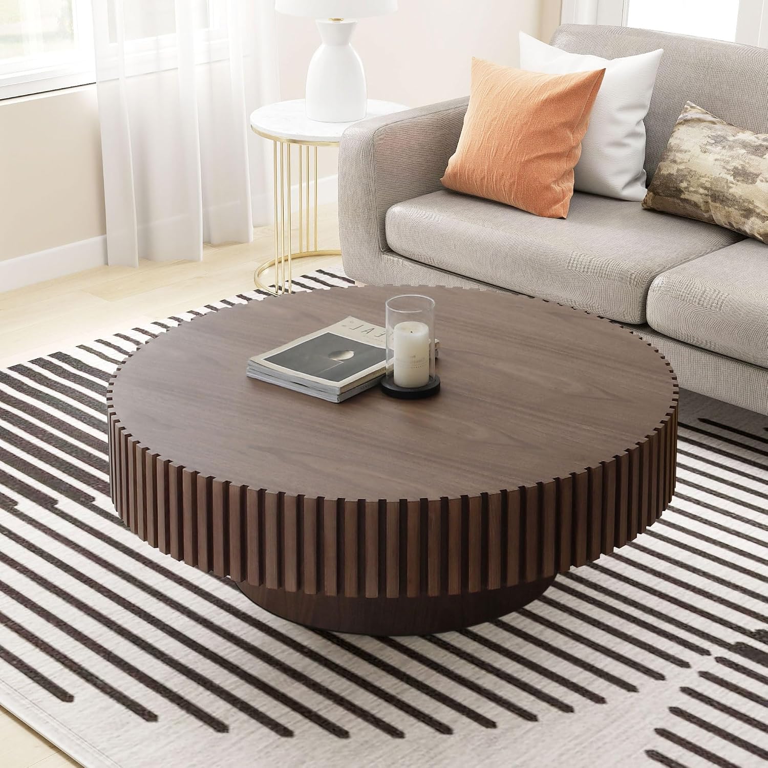 JUSTONE 39.4' Round Wood Coffee Table for Living Room - Modern Farmhouse Walnut Drum Center Table with Artisanal Carved Detailing, No Assembly Required (39.4' Diameter x 13.4' Height)