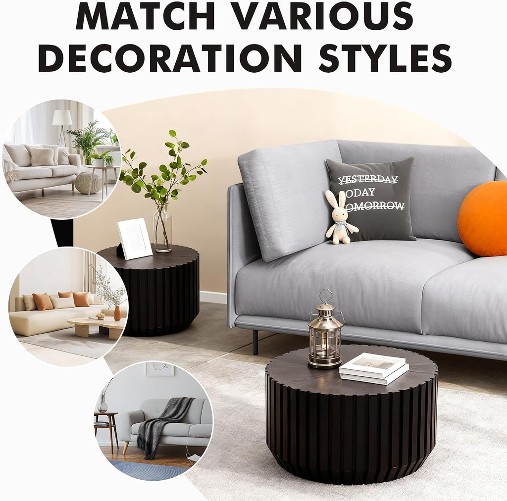 Black Round Nesting Tables for Living Room, Set of 2, Nesting Coffee Table Wooden Fluted Coffee Table, Modern Small Circle Center Tabel End Side Table for Farmhouse Apartment Office