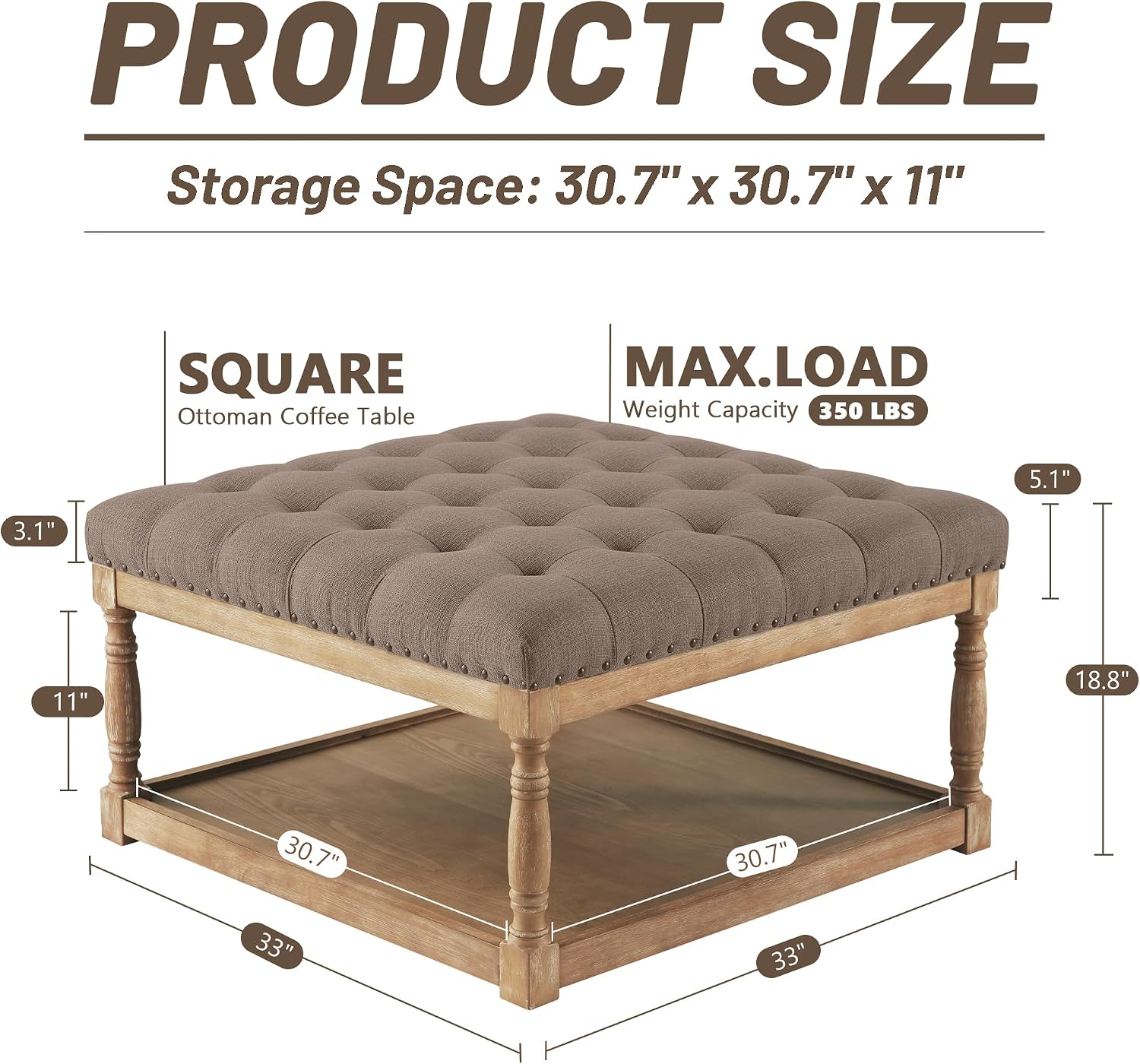 HUIMO 33-inch Large Square Ottoman Coffee Tables for Living Room, Tufted Upholstered Linen Ottoman with Storage Shelf and Solid Legs for Office Bedroom Farmhouse (Brown)