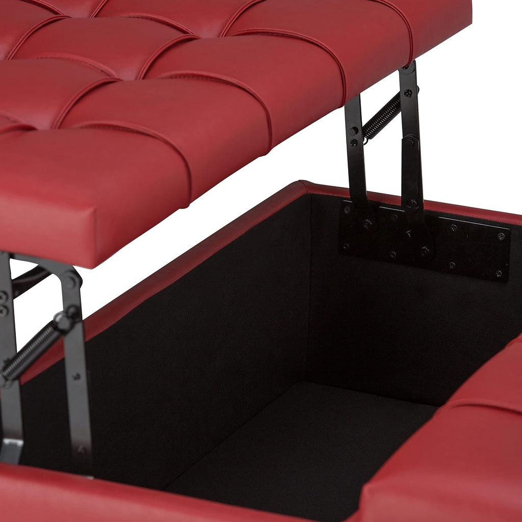 SIMPLIHOME Harrison Coffee Table Storage Ottoman - 36 inch Wide Upholstered Vegan Leather Square Lift-Top Ottoman in Crimson Red, Transitional Ottoman for Living Room with Hidden Storage