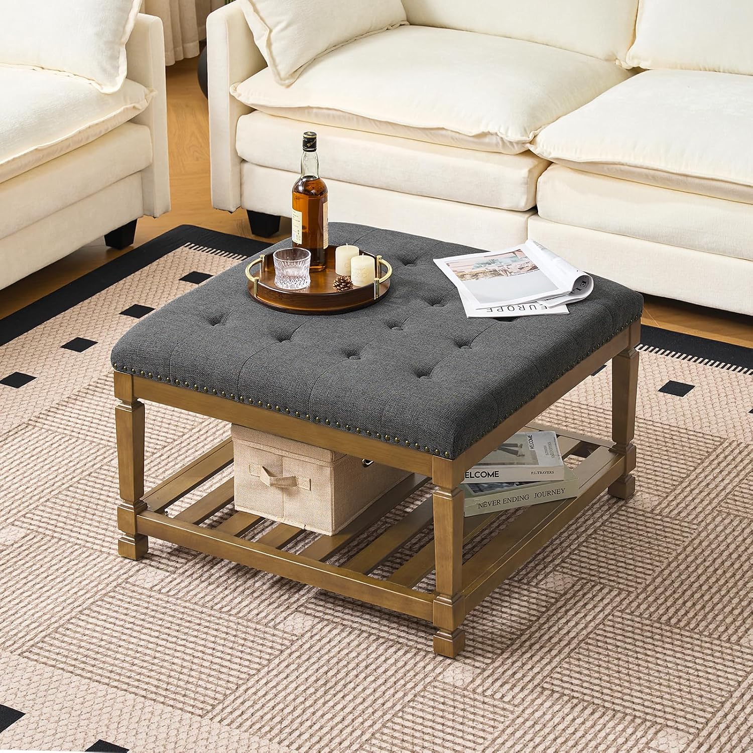 Befurtori Large Square Ottoman Coffee Table, Linen Solid Upholstered Footrest Ottoman with Solid Wood Shelf Storage Tufted Coffee Table for Bedroom Living Room-Dark Gray