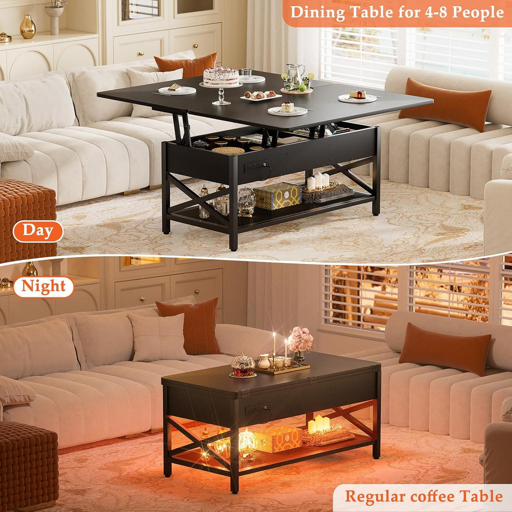 Aheaplus Coffee Table Lift Top Multi-Function Coffee Table Converts to Dining Table, with LED Light and Power Outlet, Center Table with Shelves for Living Room Reception Home Office, Black