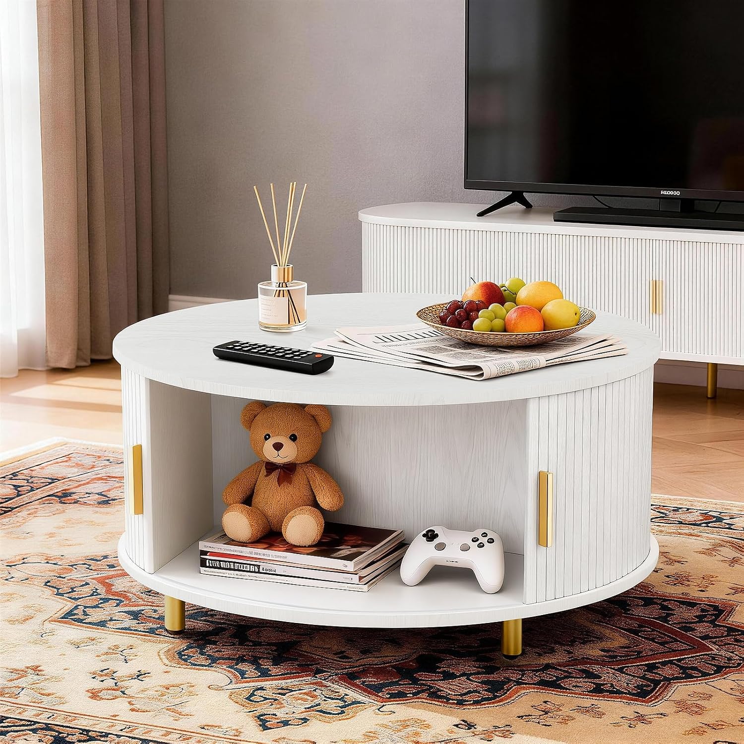 DHH Round Coffee Table, 31.5' Mid Century Modern Coffee Table with 360° Sliding Tambour Door, Fluted Accent Coffee Table with Storage Adjustable Footpads for Living Room(Grayish White)