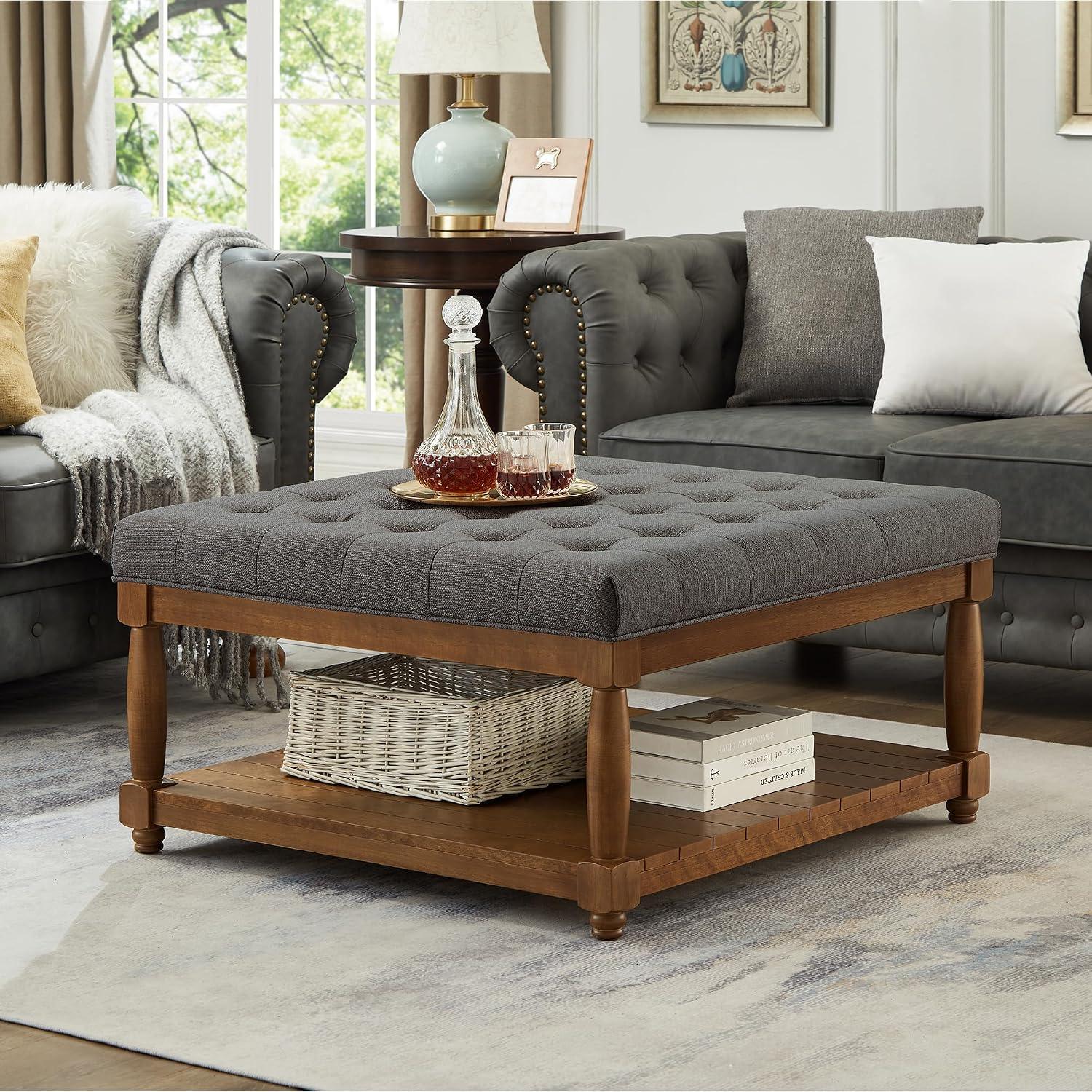 Ottoman Coffee Table, Upholstered Square Coffee Table with Storage Solid Wood Shelf, Linen Large Footrest Ottoman Pouf for Living Room, Granite