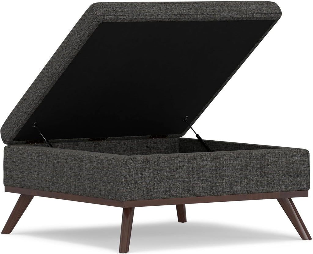 SIMPLIHOME Owen 36 inch Wide Mid Century Modern Square Coffee Table Storage Ottoman in Ebony Tweed Look Fabric, Assembled, for the Living Room, Entryway and Family Room