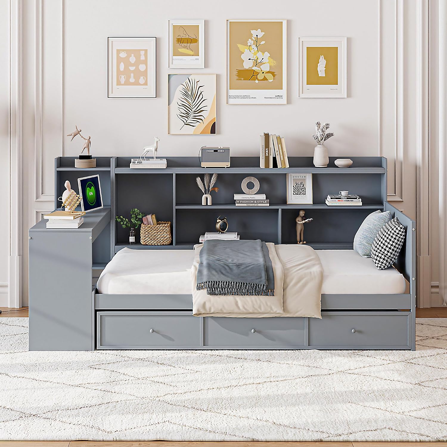 Twin Size Daybed Frame with Desk and 3 Storage Drawers & USB Port Shelves Headboard, Pinewood Corner Bed, Twin Captain Bed for Small Room, Bedroom, Guest Room,Gray