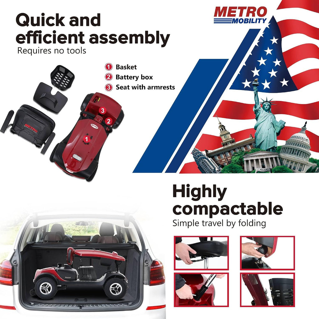 Metro Mobility 4 Wheel Powered Mobility Scooters for Seniors - 300 lbs Capacity Electric Scooter with Seat for Adults, Travel - Long Range Power Extended Battery & USB Charging Port - Red