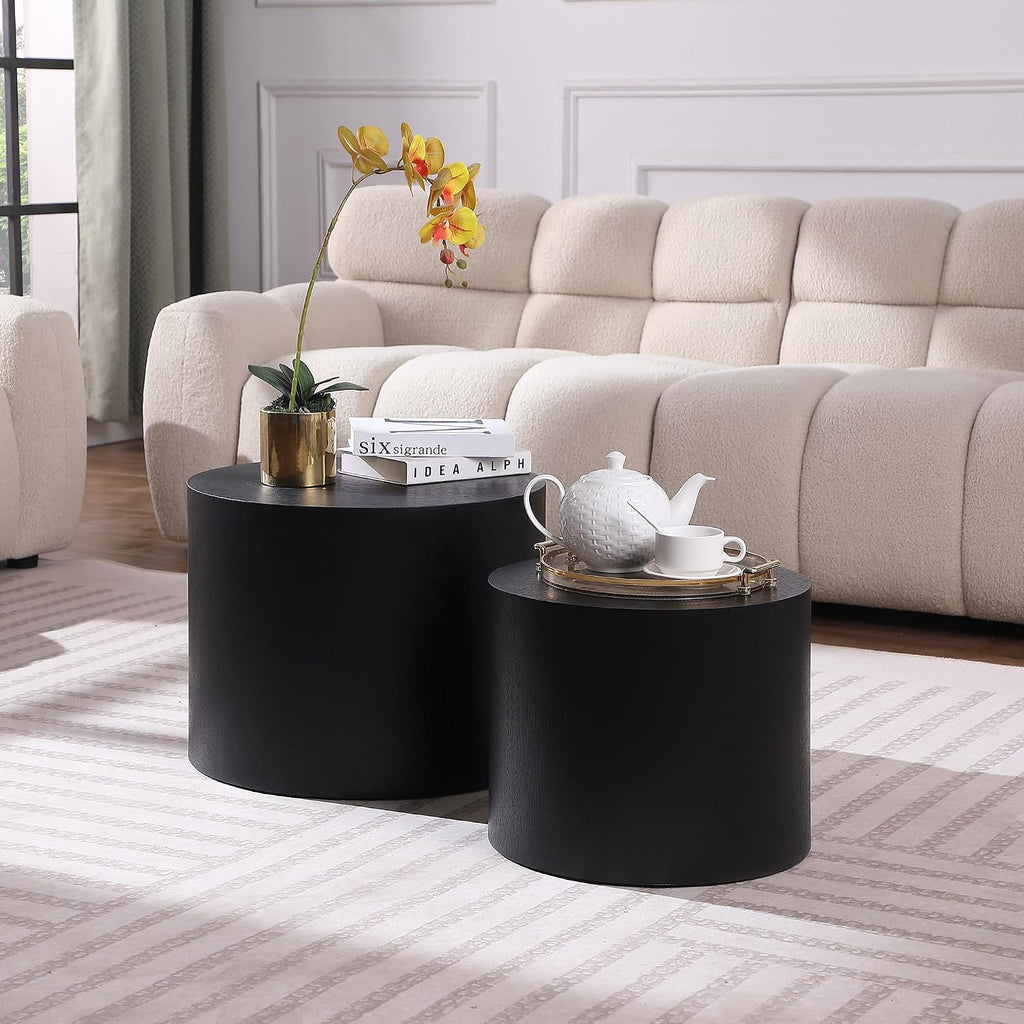 Round Coffee Table Set of 2, Nesting Coffee Table and End Table Set Wood Small Circle Drum Side Table for Living Room Office, No Assembly